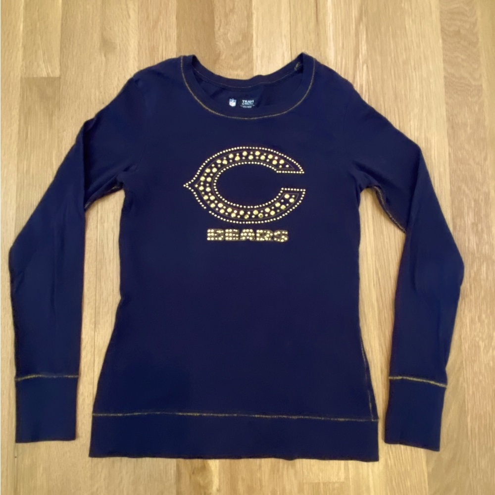 NFL Chicago Bears Womens Team Apparel Blue Long Sleeve w Gold Studs & Jewels / S